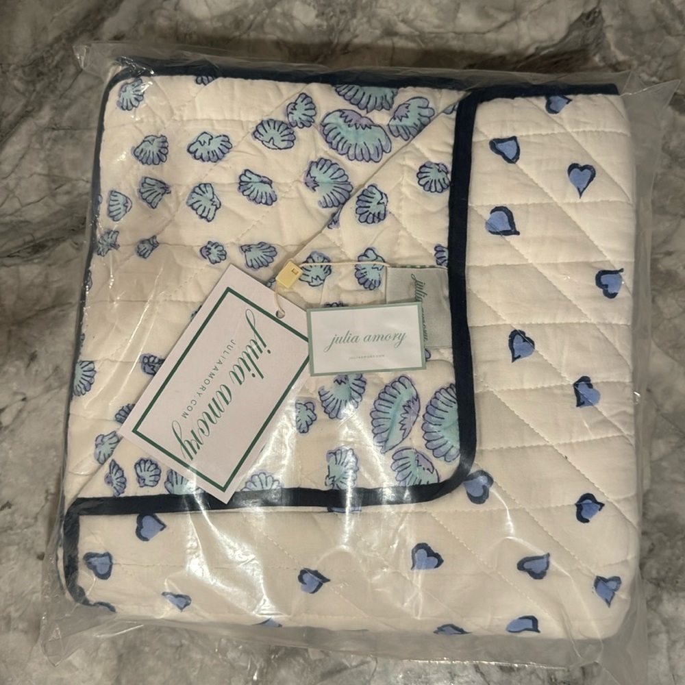 NWT Julia Amory Blue Hearts and Clambake Lapis Baby Blanket Quilt